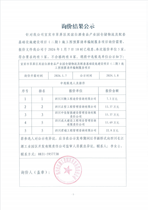 詢(xún)價(jià)結(jié)果公示