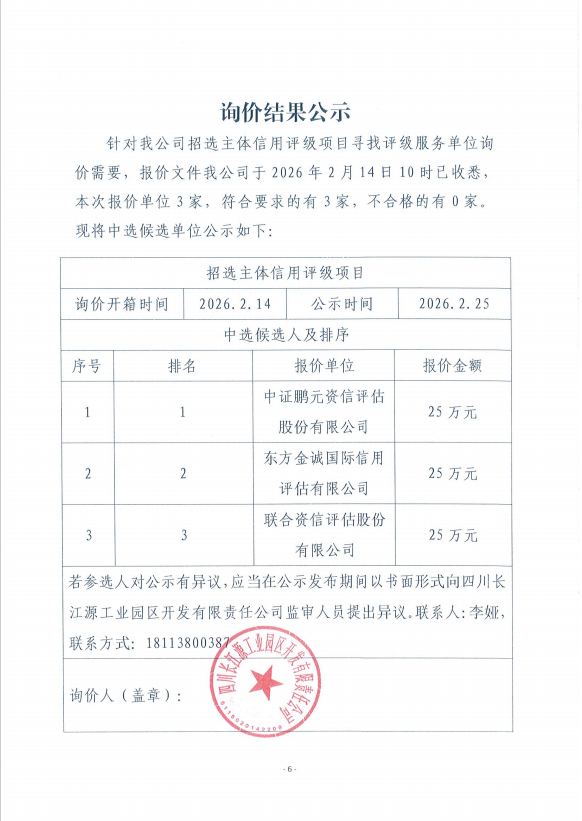詢價結(jié)果公示